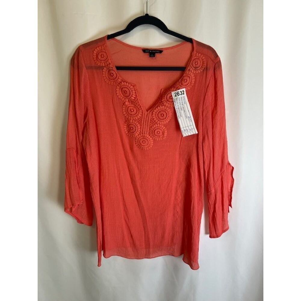 Zac & Rachel Crochet Trim Neck Slit Sleeve Blouse Bright Coral Women's Size L